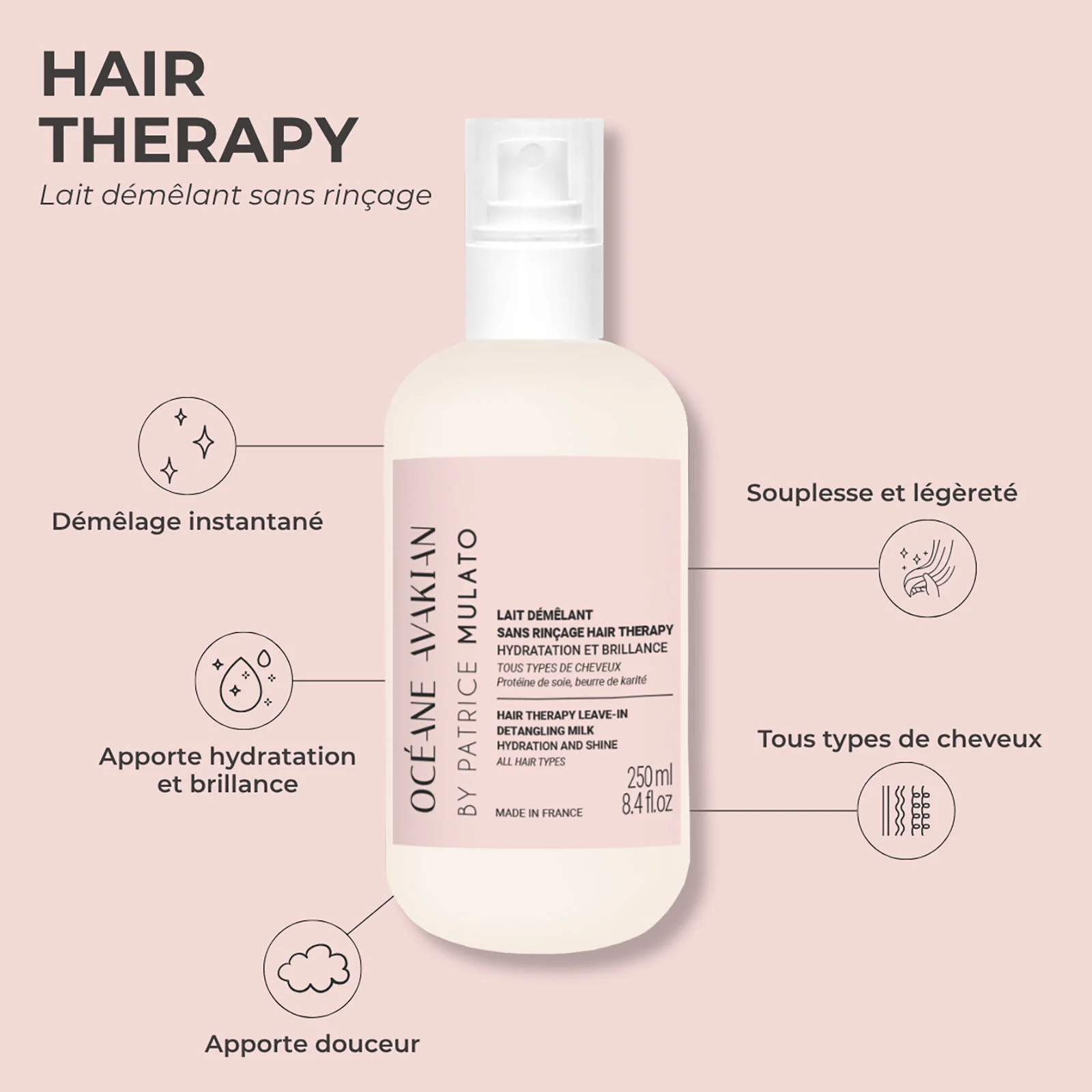 Lait DĂ©mĂȘlant Sans Rinçage Hair Therapy OcĂ©ane Avakian by Mulato 250 ML - Image 2